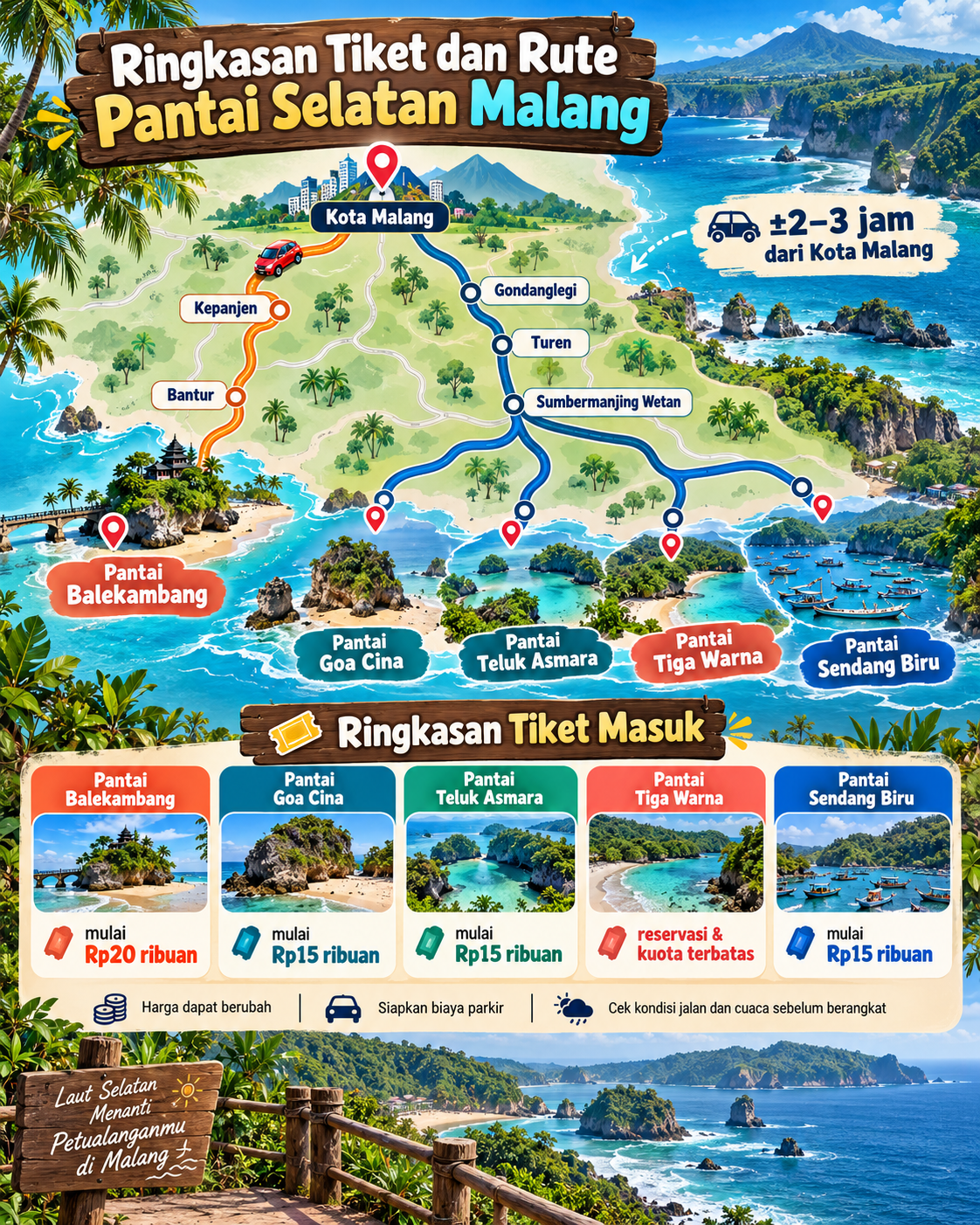 Ringkasan Tiket dan Rute Pantai Selatan Malang - malang